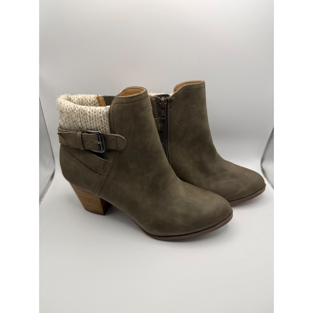 Report Charles Bootie Women 7.5 Olive Green Knit Collar Buckle Stacked Heel Boot
